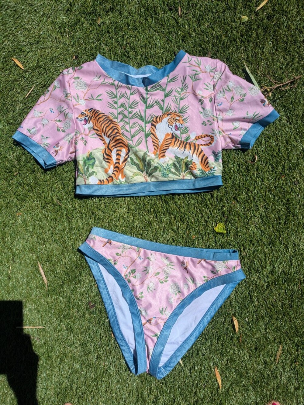 High-Rise Tigers And Birds Pink Floral Two-Piece Swim Bikini with Cap Sleeves